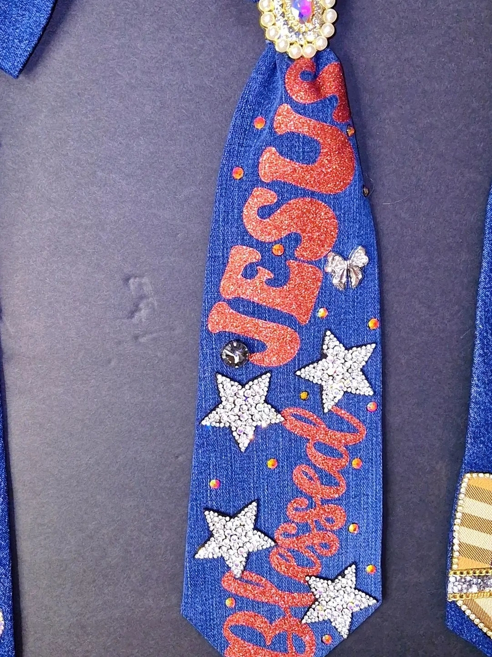 Blue Embellished Statement Tie with Red Glitter Script